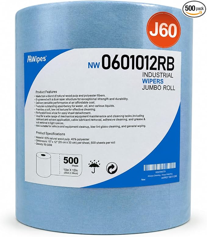 AAwipes Cleanroom Wipes Roll, 10x12" 500 Sheets Blue, Cellulose Polyester | Low-Lint, Highly Absorbent, Surface Cleaning, Lab & Industrial Applications