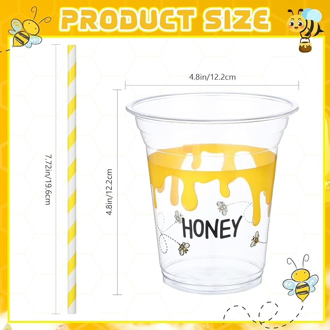 Umigy 100 Pack Honey Bee Plastic Disposable Cups with Lids and Straws 12 oz Disposable Cups for Juice Water Coffee Summer Party Sports Party Supplies(Bee)