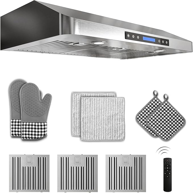 42 inch Stainless Steel Under Cabinet Range Hood - 900 CFM, Ultra-Quiet 4-Speed Vent, Touch/Remote Control LCD, LED Lights, External Venting