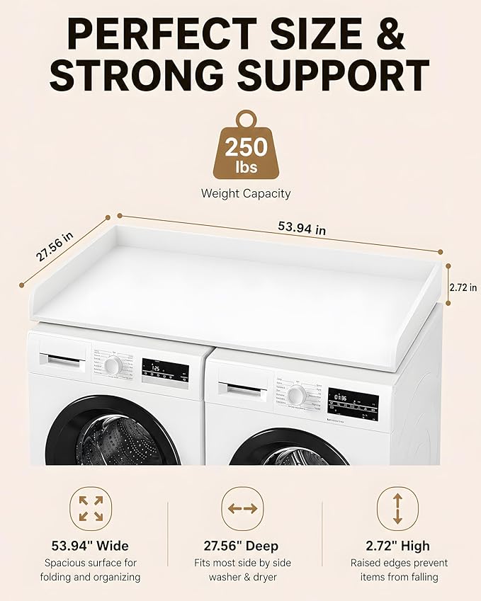 FlyGeneral Washer and Dryer Countertop, 54" Width x 27.5" Deep, White | Laundry Folding Surface for Clothes, Quick Install Design, Raised Edge Prevents Items Falling, Fits Front Load Washer Dryer
