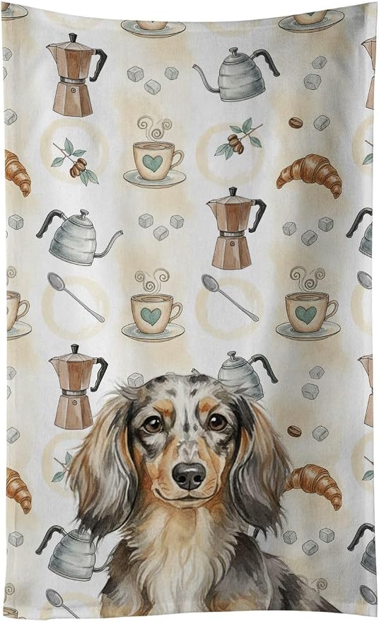 Caroline's Treasures Longhaired Dapple Dachshund Coffee Bar Kitchen Towel Velour Plush Front and Cotton Loop Back Machine Washable