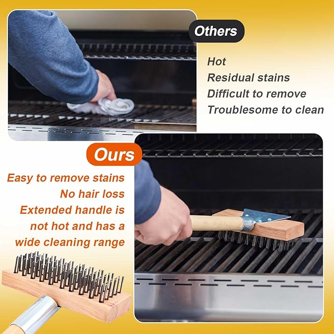 1 Pcs Stainless Steel Grill Brushes, Commercial Grill Scraper with 30'' Long Wooden Handle Oven Charbroiler Cleaning Brush for Outdoor Kitchens BBQ Restaurants
