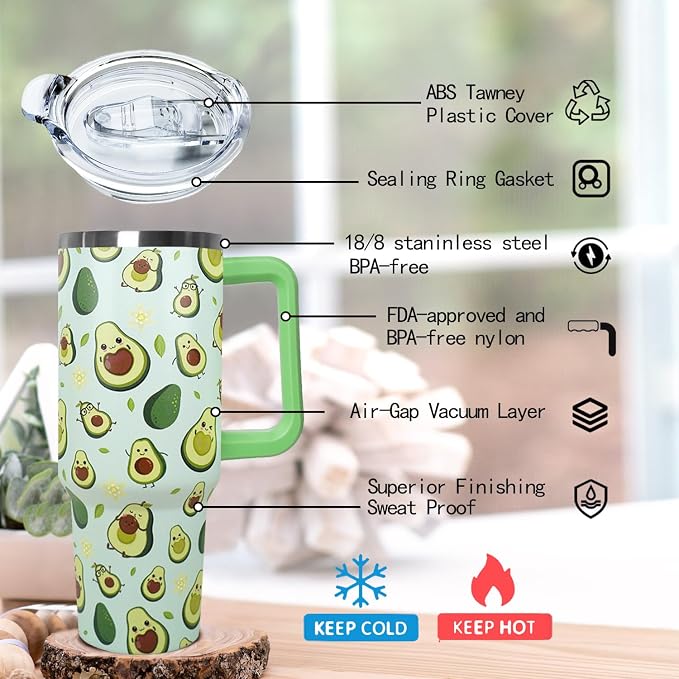 Ceovfoi 40 Oz Avocado Tumbler With Handle,Avocado Coffee Travel Mug Cup Water Bottle,Avocado Gifts for Women,Avocado Decor Stuff Accessories