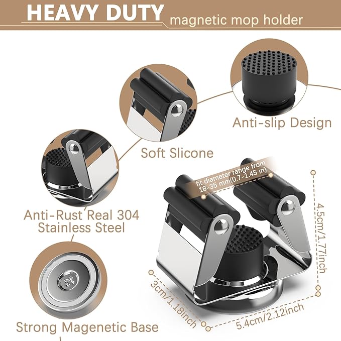 3-H Upgraded Magnetic Broom Holder with Strong Magnetic Hook 4 Pack, Broom Holder Wall Mount No Drill, Stainless Steel Broom Gripper for Garage Garden Shed Storage Laundry Home Kitchen,Silver
