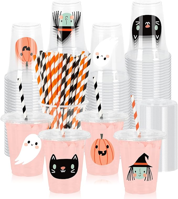 Whaline 48Pcs 12Oz Halloween Plastic Cups with Lids & Straws Ghost Pumpkin Black Cat Disposable Clear Drinking Cups for Holiday Birthday Party Supplies