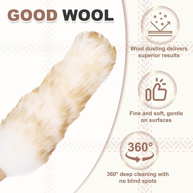 uxcell Wool Duster, 24.4" Natural Feather Cleaner Household Cleaning Duster with Solid Wooden Handle for Cleaning Fans Window Blinds Shelves Furniture, White Coffee
