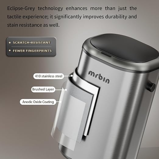 MRBIN Stainless Steel Motion Sensor Tall Bathroom Trash Can with Lid, 5 Gallon Automatic Kitchen Garbage Pail, Electric Covered Silver Metal Waste Basket for Bedroom, Rv, Restroom, Eclipse Grey