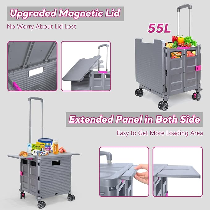 FELICON SELORSS Folding Utility Cart Rolling Crate Tote Basket Box Storage Handcart on 4 Swivel Wheels with Adjustable Handle Extended Magnetic Lid for Teacher Move Shop Travel Grocery Office(Gray)