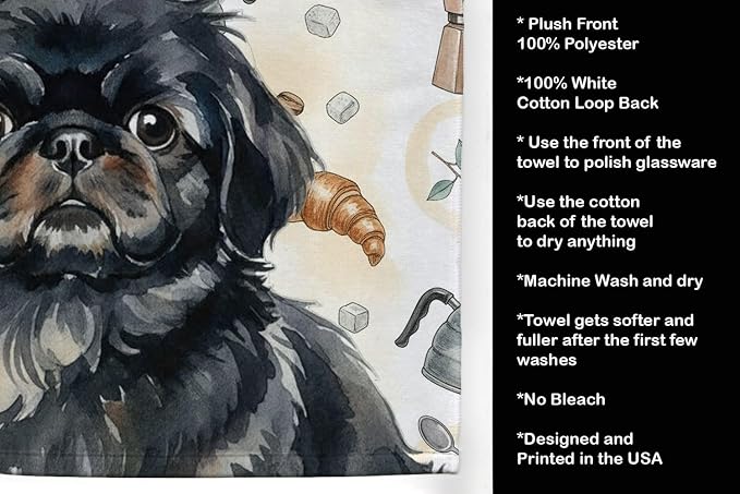 Caroline's Treasures Black Pekingese Coffee Bar Kitchen Towel Velour Plush Front and Cotton Loop Back Machine Washable