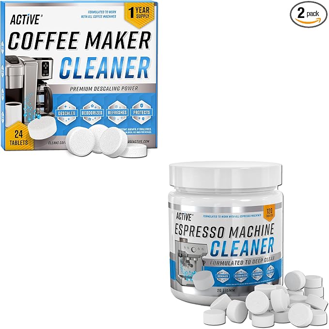 ACTIVE Coffee Maker Cleaner and Espresso Machine Cleaner Tablets - Includes 24ct Coffee Machine Cleaning Tabs and 120ct Espresso Maker Cleaning Tablets