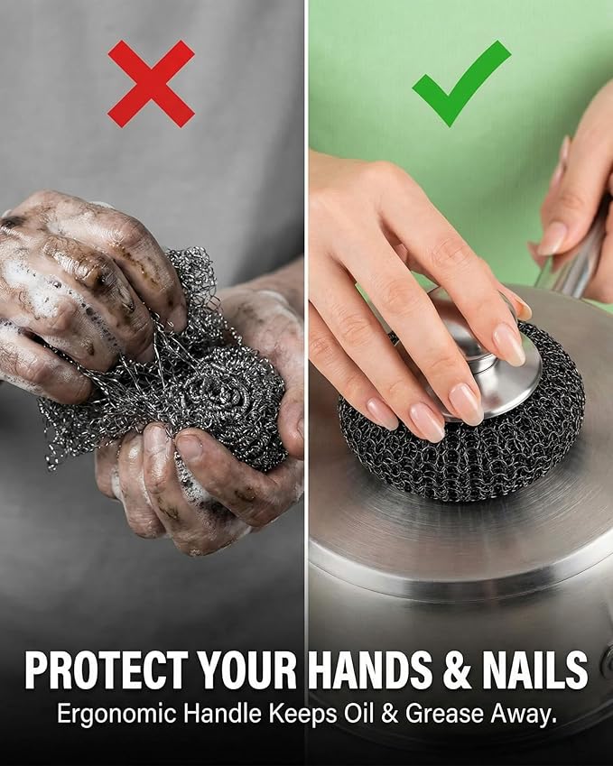 8 Pcs Stainless Steel Wool Scrubber with 2Pcs Handle - Heavy Duty Metal Sponge Scouring Pad for Cast Iron Skillet, Grill & Pots - Rust-Resistant Kitchen Dish Scrubber, Protects Hands & Nails