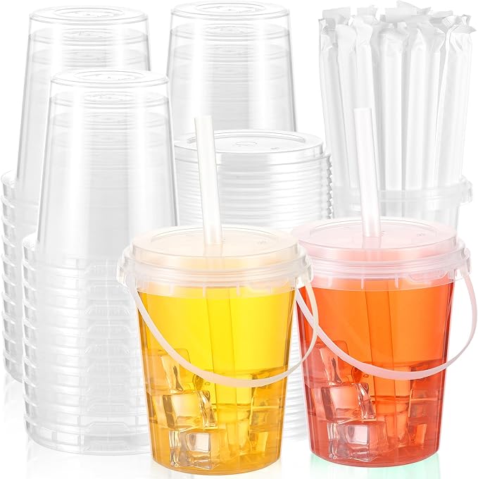 50 Sets Clear Plastic Drink Buckets with Lids Straws and Handles 34 oz Disposable Ice Cream Cups Cocktail Drinking Buckets for Outdoor Holiday Travel Beach Birthday Party Supplies