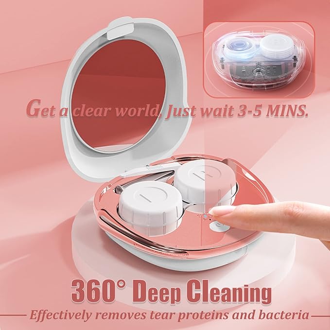 Contact Lens Cleaner, Portable Ultrasonic Contact Lens Cleaning Machine with USB Charger and Solution Soak Case Kit for Soft Lens, Colored Contact Lens, Hard Lens, RGP Lens and OK Lens (White)