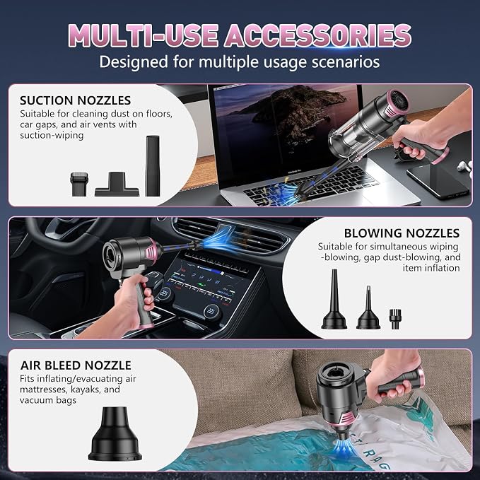 KMM Handheld Car Vacuum Cleaner, 16000PA Air Duster & Vacuum Cleaner, 120W High Power Hand Held Vacuum Cordless, Portable Vacuum Rechargeable with Multi-Nozzles & LED Light for Car, Home, Pet, Office