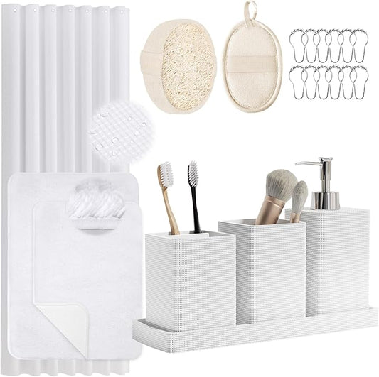 White Bathroom Set, White Bathroom Accessories Sets with Shower Curtain and No-Slip Bath Rugs, Natural Loofah Sponge, Soap Dispenser, Toothbrush Holder, Toothbrush Cup and Tray for Bathroom