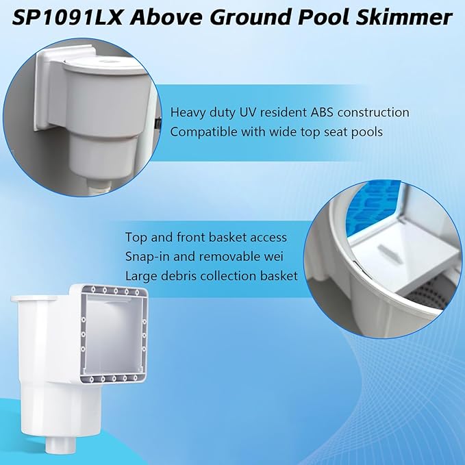 SP1091LX Universal Above Ground Pool Skimmer Kit, 6-Inch Thru-Wall Surface Skimmer Replacement for Hayward SP1090, SP1091ES, SP1095ES, Complete Set with Basket, Weir Door and Accessories