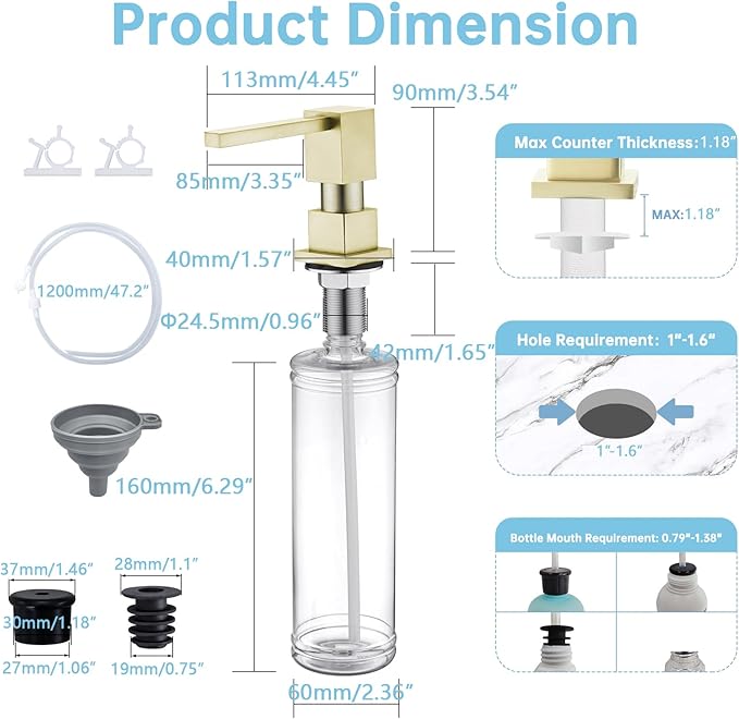 Soap Dispenser Square Built in Sink with 47'' Long Tube, Brushed Champagne Gold Brass Pump Head for Kitchen Sink with 17 oz Bottle