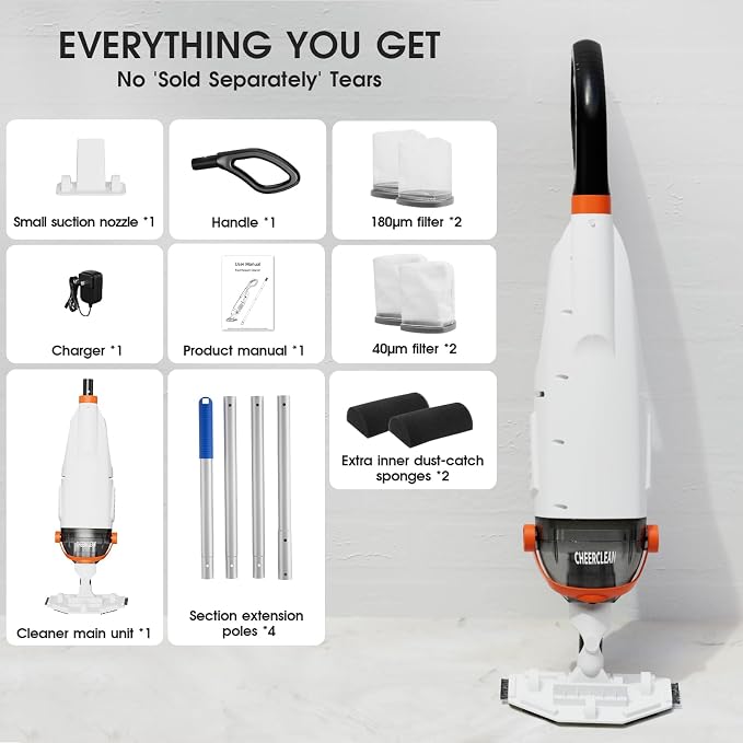 Cordless Handheld Pool Vacuum for Above Ground Pools - Upgraded 26.5GPM Real Suction, Time-Saving Directional-Control, 60min Runtime, 2 Vac Heads & 4 Filter Bags for Hot Tubs & Inground Pools -Orange