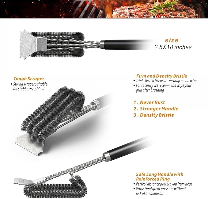 INVODA BBQ Cleaning Brush BBQ Brush BBQ Tool Grill Brush with Scraper, Adjustable Handle with Bottle Opener BBQ Brush for Outdoor Grill/Smoker/Gas and Charcoal Grill Cleaning