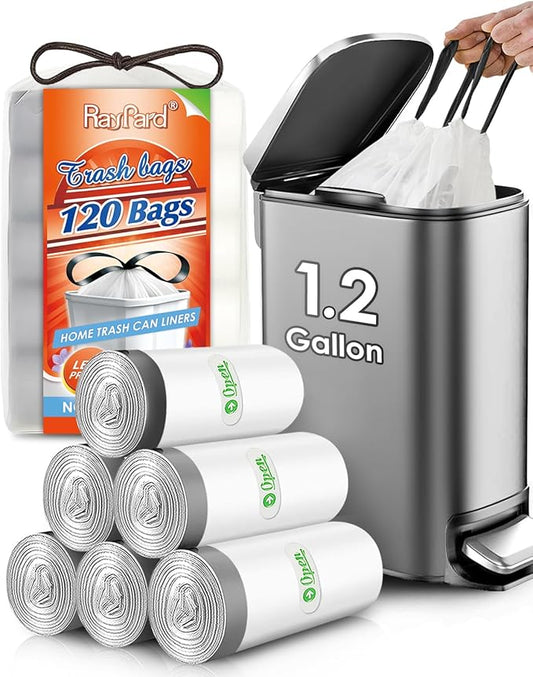120 Counts 1.2 Gallon Mini Drawstring Trash Bags Garbage Bags by RayPard, Small Strong Plastic Bags fit 4-5L Trash Can for Home Office Kitchen Bathroom Bedroom, White Waste Basket Liners