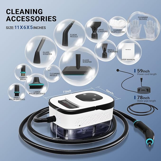 Heapsion Steam Cleaner, Steamer for Cleaning with 15s Fast Heat-Up, 6 Adjustable Levels, 12-Piece Accessories, 1500W Portable Steam Cleaner for Grout, Tiles, Kitchen, Car Detailing, Black and White