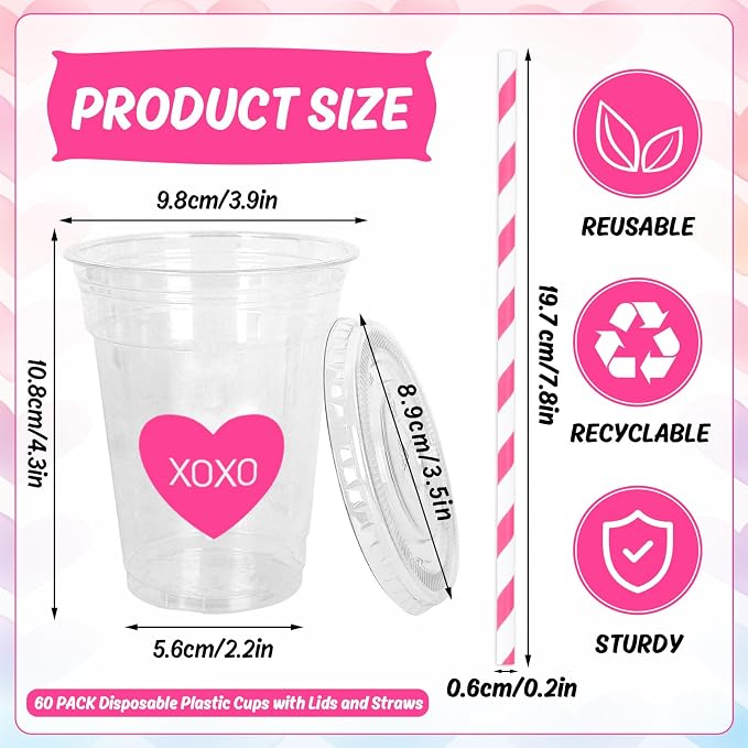 Whaline 60 Sets Valentine's Day Disposable Plastic Cups with Lids and Straws 12oz Conversation Heart Theme Party Cups Candy Heart Beverage Drinking Cup for Anniversary Wedding Birthday Dinner