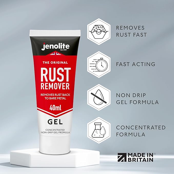 JENOLITE Gel Rust Remover for Metal 40 ml (1.3 fl oz). Non‑Drip Naval Jelly for Automotive and Vertical Metal Surfaces. Fast‑Acting Concentrated Gel Dissolves Rust to Bare Metal. Made in Britain
