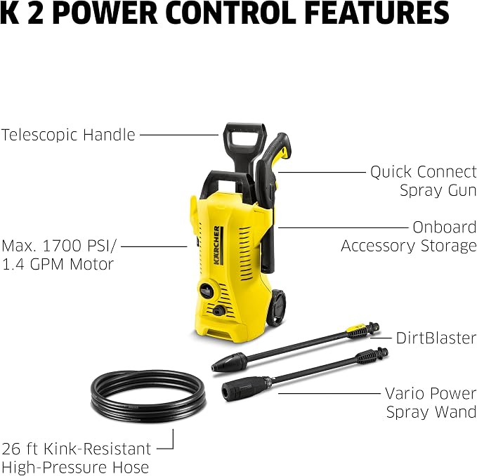 Kärcher 1700 PSI K 2 Electric Pressure Washer Bundle with 26' Hose, 2 Spray Wands, Vehicle Detergent and Wax - 1 Gallon