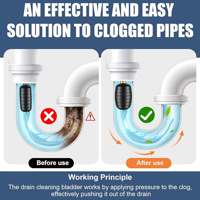 3 Pcs Drain Bladder Kit, Drain Cleaning Bladder Fits 1" to 6" Pipes, with 10 ft Retractable Hose, Shut-Off Valve & Brass Faucet Adapter Fits Most Faucets– For Sinks, Showers, Pools & Drains (Black)