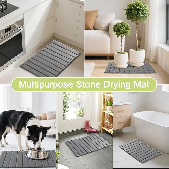 Oxydrily Large Stone Drying Mat for Kitchen Counter, Ultra Absorbent Diatomaceous Earth Mat with PU Leather Cover Fast Drying Collapsible, Dish Mats for Dishes Buttles Cups Countertop Gray 23.6"x15.3"
