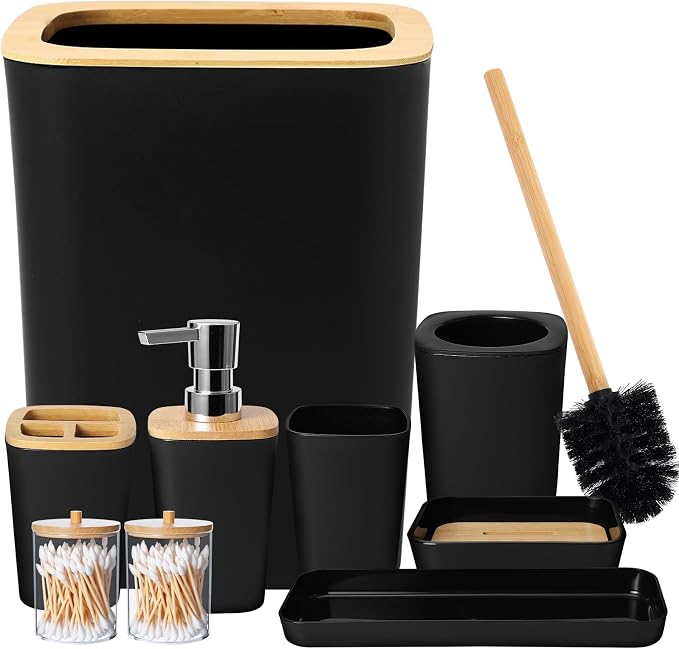 Black Bathroom Accessories Set, 9 Piece Bathroom Set with Trash Can Black Bath Set