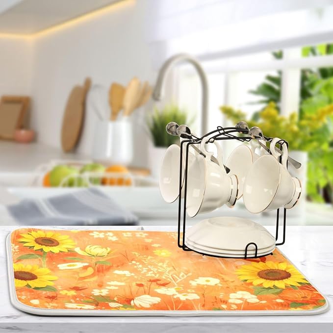 Fall Dish Drying Mat Microfiber Dish Drying Pads Kitchen Counter Draining Pad Sunflower Cornflower Poppy 16 x 18 Inches