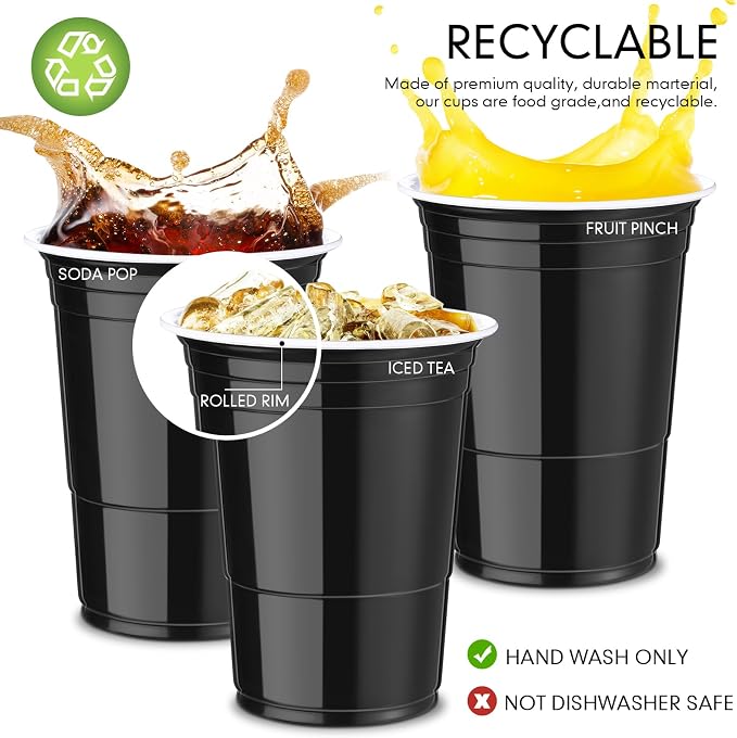 Mimorou Black 200 Pack Plastic Cups 16 oz Disposable Cups for Party Wedding Halloween Stackable Beverage Drinking Tumbler Heavy Duty for BBQ Birthday Baby Shower