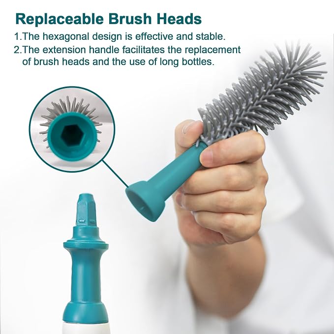 Electric Bottle Brush Set with Electric Bottle Brush Cleaner, 3 Replaceable Baby Bottle Brushes and Extension Handle. Silicone Bottle Brush, Waterproof, Perfect Baby Essentials(Dark Green)