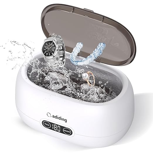 Adiding Jewelry Cleaning Machine, 650mL (23oz) Ring Sonic Cleaner Machine for Glasses, Earring, Denture, Retainer, Watch Straps, Razor -5 Cleaning Modes, Digital Timer, SUS304 Stainless Steel