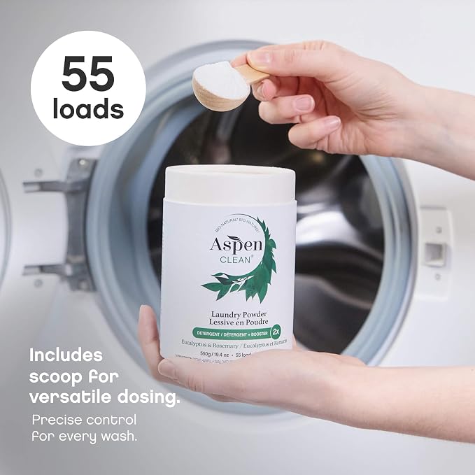AspenClean | Laundry Powder + Booster 2-in-1 | Eucalyptus | | 55 Loads | Hyper Concentrated | Stain & Odor Removal Enzyme Booster | Non - Toxic | 100% Natural | EWG Verified