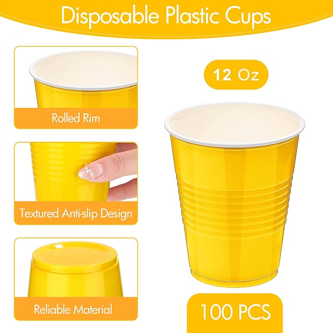 Kochorie 100 Pack Yellow Disposable Plastic Cups 12 Ounce Drinking Party Cups Bulk Party Cup for Summer Graduation Birthday Tropical Parties, Outdoor Barbecues Picnics Events
