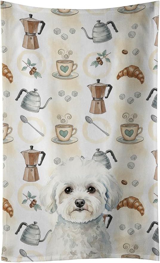 Caroline's Treasures Bichon Frise Coffee Bar Kitchen Towel Velour Plush Front and Cotton Loop Back Machine Washable