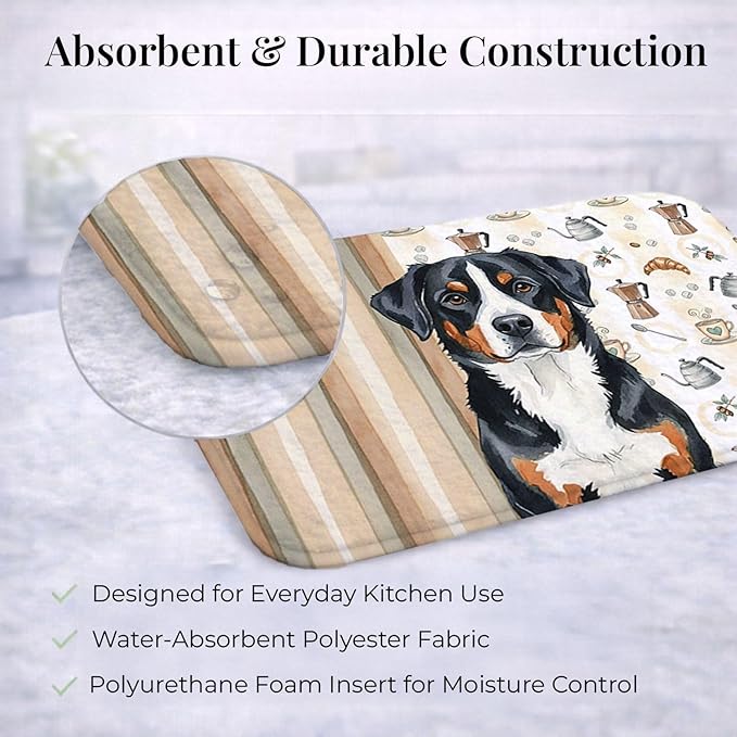 Caroline's Treasures Greater Swiss Mountain Dog Coffee Bar Dish Drying Mat Absorbent Dish Drying Mat Pad for Kitchen Counter Dish Drainer Mat for Countertop, 14 x 21", Multicolor