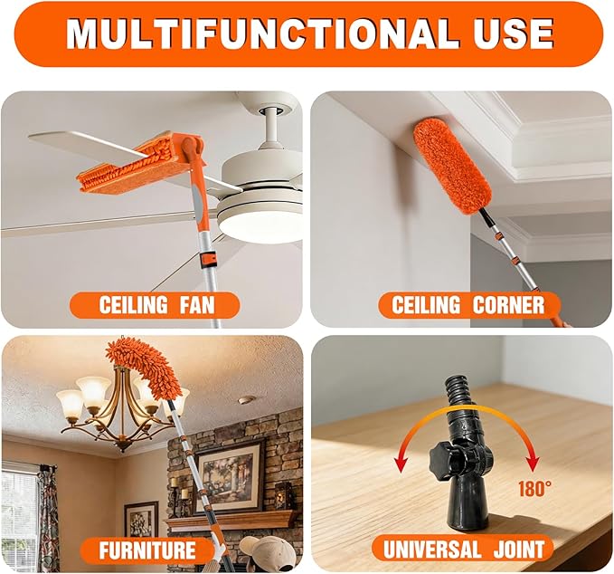 SISIUPASSIE 20FT Reach Ceiling Fan Cleaner Duster, Ceiling Fan Blade Cleaner with Extension Pole, Washable & Replaceable Microfiber Feather Duster Kits