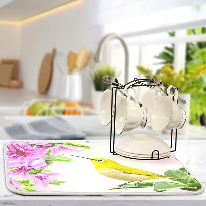 Spring Hummingbird Dish Dryer Mat Dish Mats for Counter Microfiber 18 x 24 Dish Dryer Mat Kitchen Mat Counter Dish Drying Mat