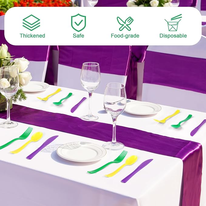Kochorie 300 Pieces Mardi Gras Plastic Silverware, Disposable Plastic Masquerade Utensils Heavy Duty Cutlery Set Include Spoons Forks Knives for Carnival Birthday Mardi Gras Party, Purple Yellow Green
