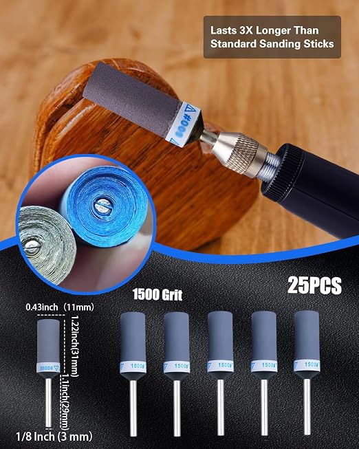 1500 Grit Sanding Drums for Dremel Rotary Tools Accessories, 25PCS Sanding Bits Kit for Dremel Sanding Bands with 1/8 inch Shank, Sandpaper Sticks Set for Plastic Wood Metal Grinding Polishing