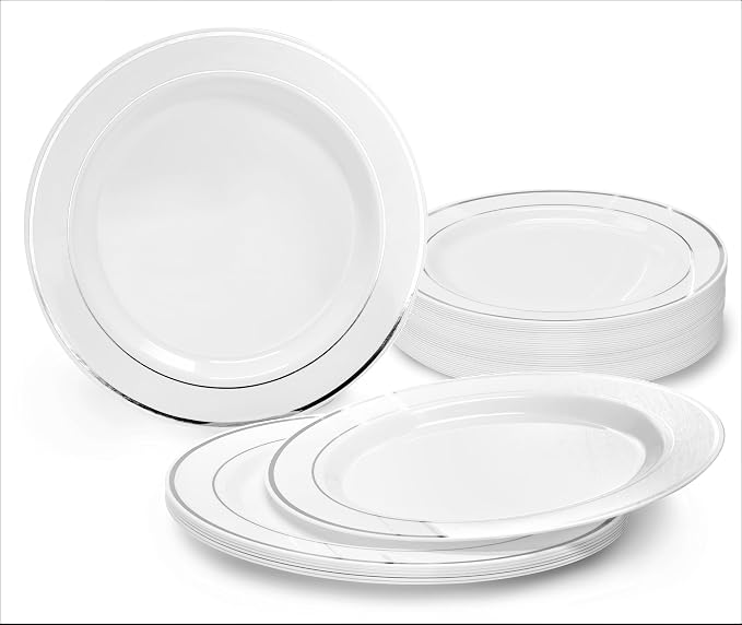 " OCCASIONS " 40 Plates Pack, Heavyweight Disposable Wedding Party Plastic Plates (6'' Dessert/Bread Plate, White & Silver Rim)