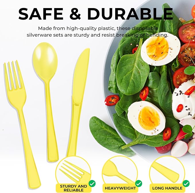 150 PCS Plastic Silverware Disposable Silverware Heavy Duty Utensil Sets 50 Of Each Forks Knives & Spoons Disposable Cutlery Set For Easter,Birthday,Baby Shower,Garden Party,Wedding(150,Yellow)