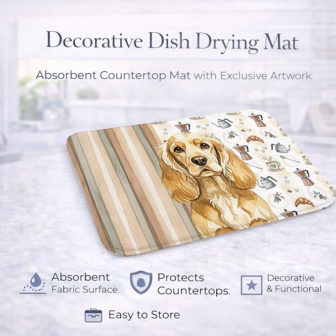Caroline's Treasures Buff Cocker Spaniel Coffee Bar Dish Drying Mat Absorbent Dish Drying Mat Pad for Kitchen Counter Dish Drainer Mat for Countertop, 14 x 21", Multicolor