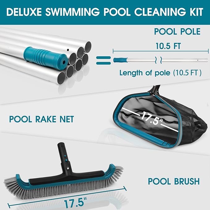 Swimming Pool Cleaning Kit - Aluminum Frame Skimmer Net with 10Ft Adjustable Pole & 17.5” Pool Brush Head, Pools Maintenance Kits for Inground & Above Ground Swimming Pools, Removes Debris