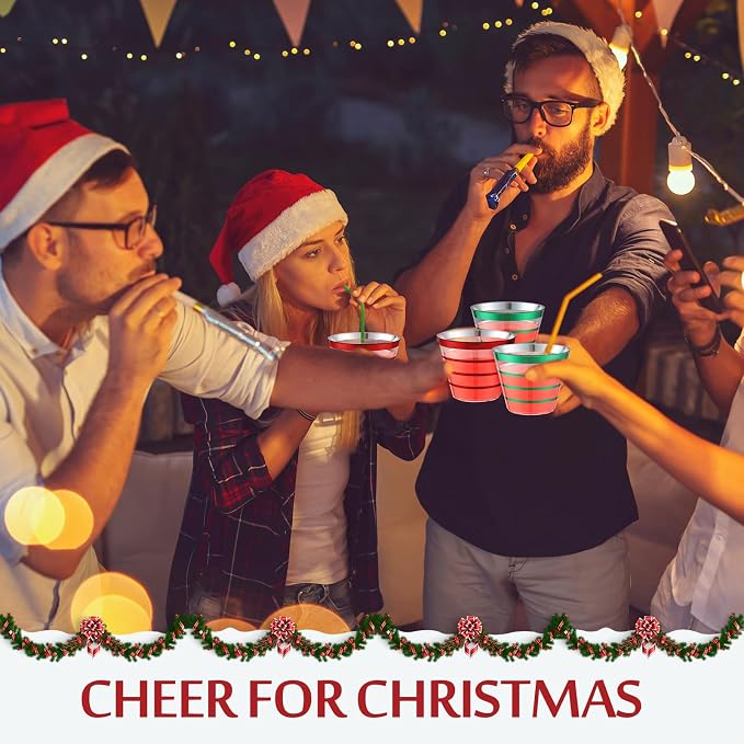 Gejoy 9 oz 200 Pcs Christmas Rimmed Stripe Plastic Cups Bulk Disposable Wine Hard Plastic Drinking Cocktail Cups Tumblers for Wedding Gathering Party Supplies(Red and Green)