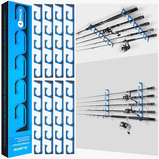 PLUSINNO H5 Horizontal Fishing Rod/Pole Holders for Garage, Wall Ceiling Mounted Fishing Rod Holder, Aviation Aluminum Fishing rod rack Holds up to 5/10/20 Rod or Combos Fishing Gear and Gifts for Men