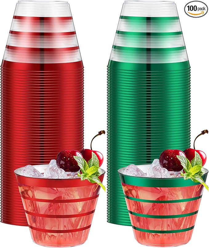 Gejoy 9 oz 100pcs Christmas Rimmed Stripe Plastic Cups Bulk Disposable Wine Hard Plastic Drinking Cocktail Cups Tumblers for Wedding Gathering Party Supplies(Red and Green)